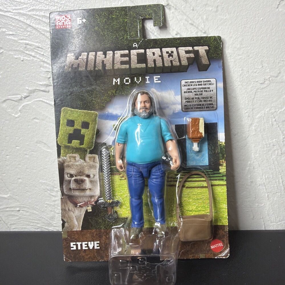 Minecraft Movie Steve Action Figure Jack Black w Sword Chicken Leg Satchel NEW